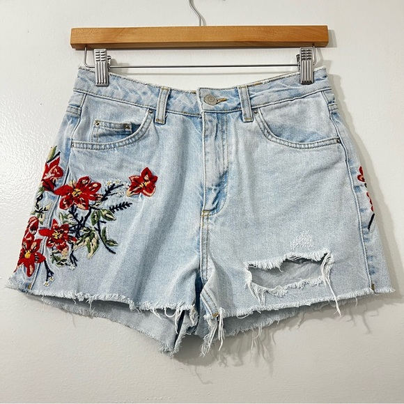 Topshop Pants - Topshop 4 High Waisted Floral Embroidered Frayed Hem Grunge Y2K Boho Mom Shorts
